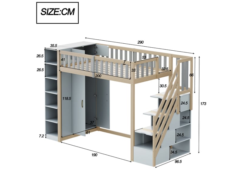  Lit mezzanine 90x200 cm avec rangements bois gris et bois naturel sans matelas  - Conforama C