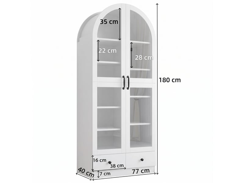  Vitrine arquée 76x40x180 cm blanche avec portes vitrées, rangement multi-niveaux et 2 tiroirs Fay Lum - Conforama C