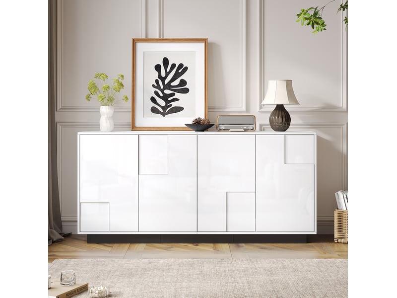  Buffet 160x37x75,5 cm, 4 portes géométriques laquées, grand rangement, panneau de particules, blanc et noir, moderne  - Conforama B