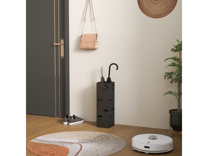  Porte-parapluie en métal, 4 crochets, motif nuages et parapluies, bac égouttoir, noir  - Conforama C