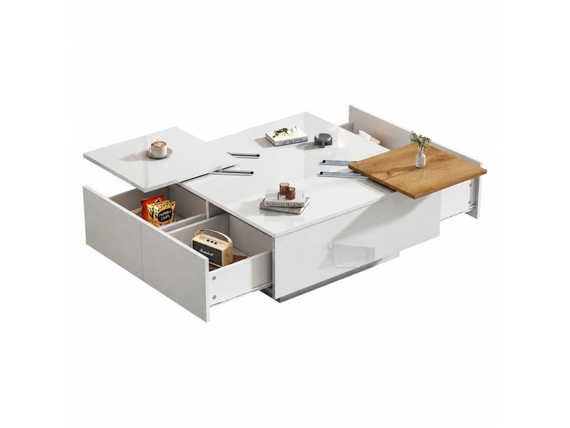  Table basse blanche carrée avec tiroirs et plateaux coulissants, 75 x 75 cm, finition brillante  - Conforama A
