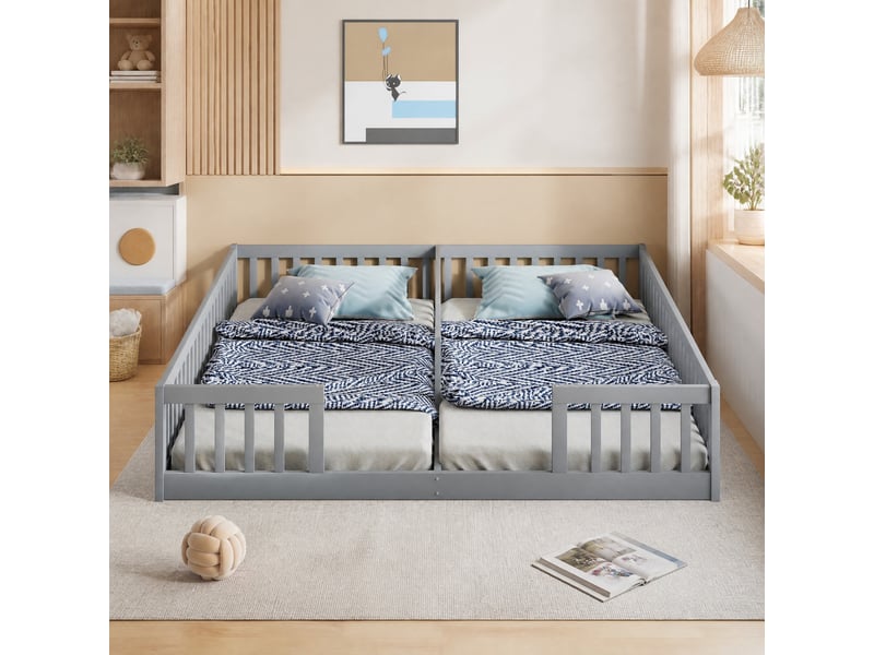 Lit enfant 2 couchages au sol 90 x 200 cm avec barrières et sommiers à lattes, pin et mdf, gris, sans matelas - Conforama C