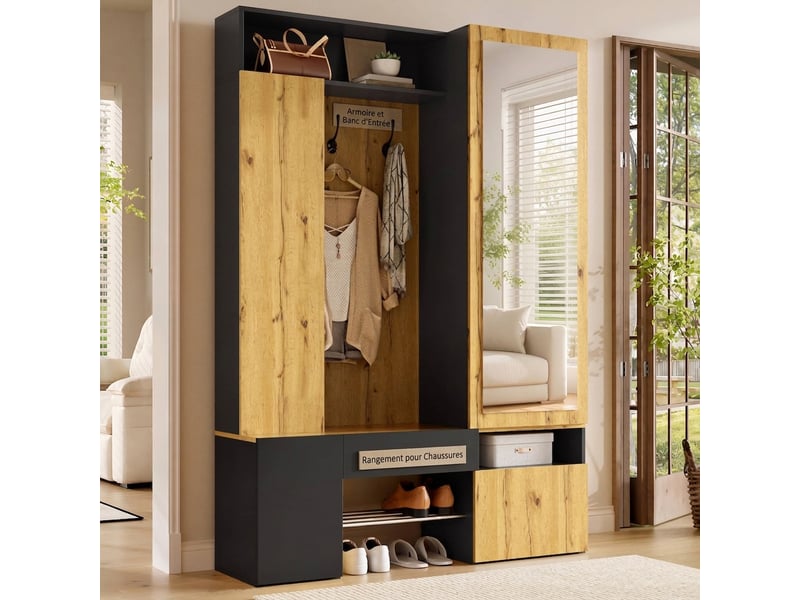  Vestiaire d'entrée avec miroir et penderie mdf noir et naturel 127x180.5cm  - Conforama D