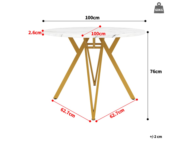  Table de salle à manger ronde 100x100x76 cm mdf doré, aspect marbre, plateau de 2,6 cm d'épaisseur, pieds robustes en métal  - Conforama C