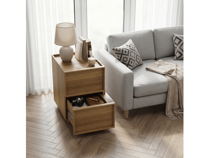  Table de chevet 48x38x54 cm, 2 tiroirs sans poignées, meuble de chambre, rangement, mdf et panneau de particules, chêne  - Conforama D