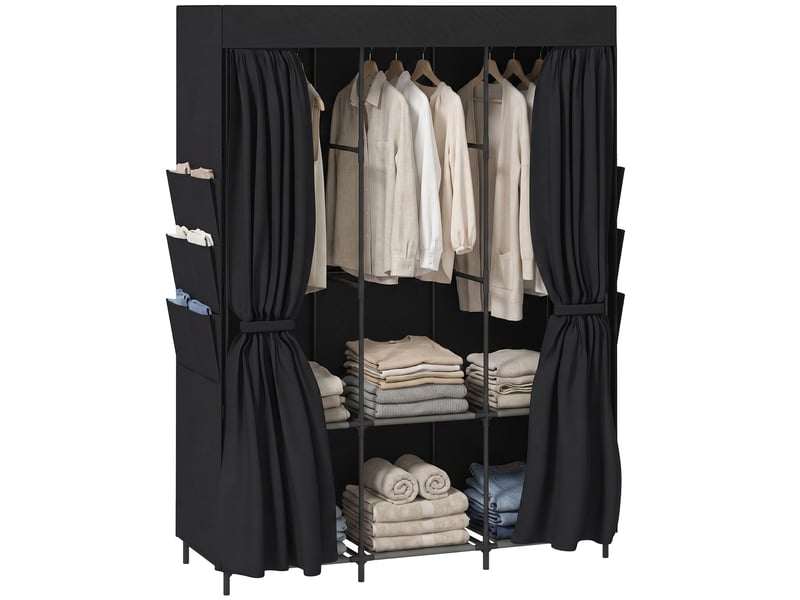  Armoire gain de place en tissu avec 3 tringles, 3 étagères, 6 poches latérales, portes anti-poussière zippées, noire  - Conforama A