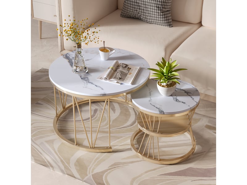  Lot de 2 tables gigognes rondes  ø70 et ø45cm, motif marbré, meuble, rangement, support en forme de v, mdf, blanc  - Conforama B