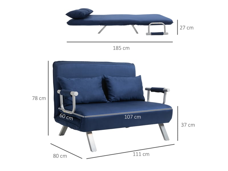 Canapé convertible, canapé-lit, 2 places, en velours, bleu, dossier réglable, finition capitonnée, chambre, pour salon - Conforama C
