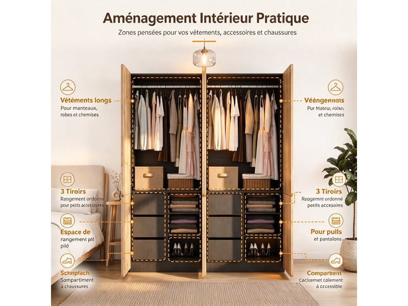 Grande armoire à portes battantes 180 x 50 x 200 cm avec 2 tringles, 6 tiroirs, 8 portes et étagères de rangement, décor chêne - Conforama E