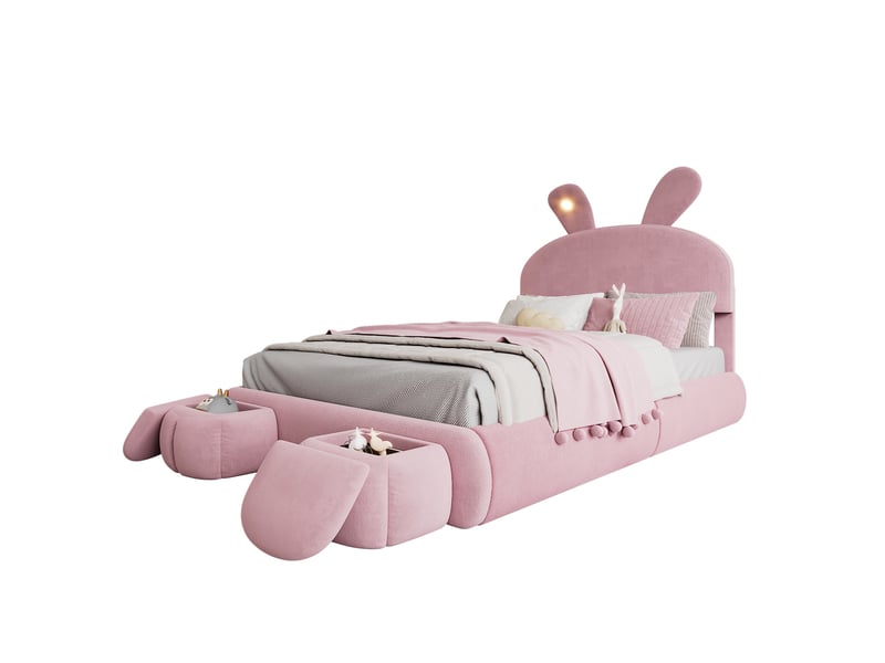  Lit coffre 140x200 cm, lit double enfant et design oreilles de lapin avec led, en velours, sommier à lattes avec 2 poufs de rangement, rose  - Conforama A