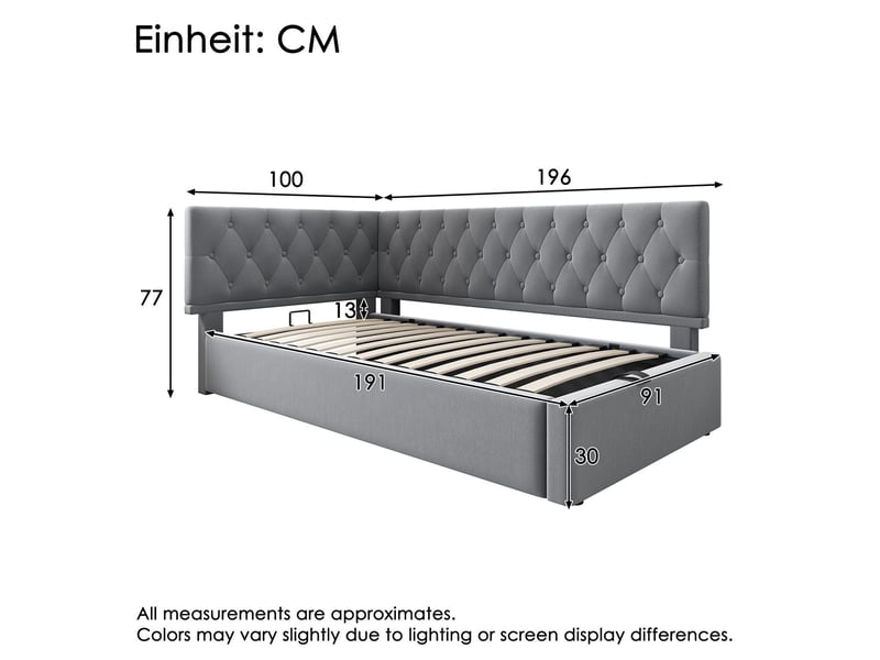 Lit capitonné 90x190,canapé-lit avec coffre hydraulique, lit double ,sommier à lattes en bois, velours ,solide et confortable - Conforama C