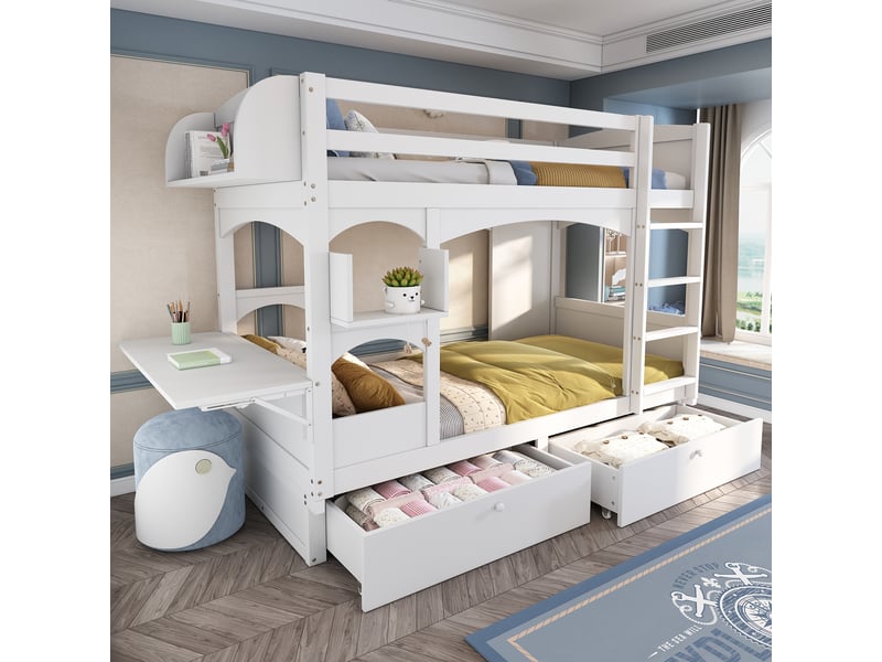  Lit superposé enfant multifonction 90x200 cm bois massif blanc avec bureau rabattable et tiroirs  - Conforama E