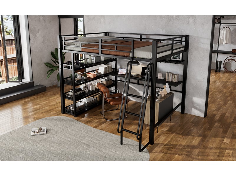Lit mezzanine avec bureau et rangements - 140x200cm - étagères, panneau perforé et module de recharge - avec sommier à lattes - noir - Conforama B