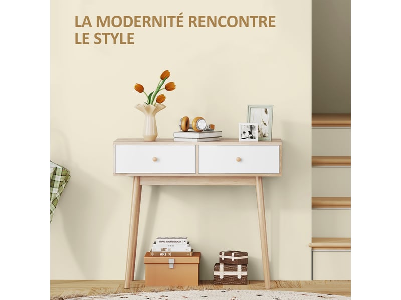  Table console avec 2 tiroirs et pieds en bois, pour salon, entrée, couloir, chêne et blanc, 86 x 35 x 75 cm  - Conforama E