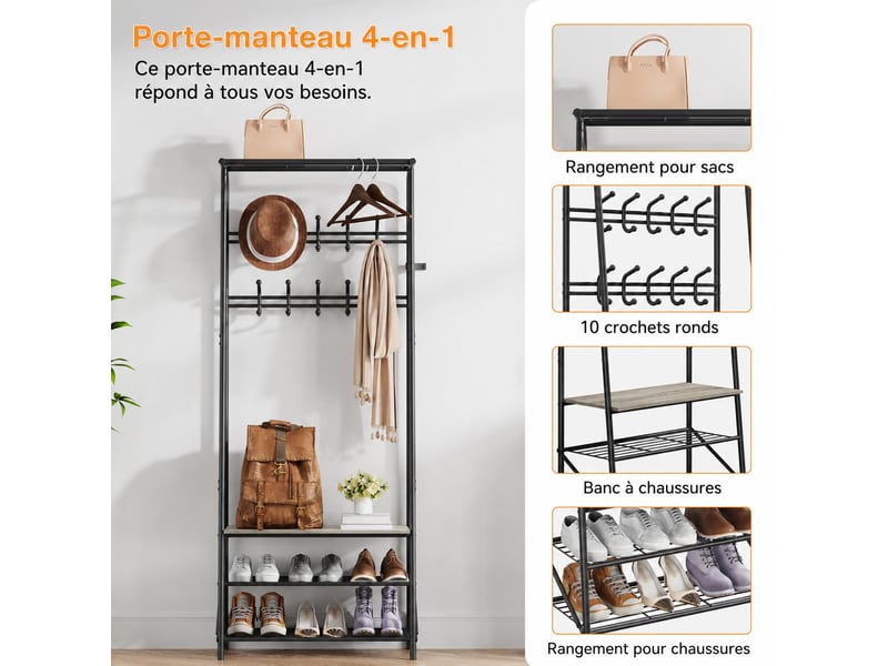  4-en-1 vestiaire d’entrée avec range chaussures, porte-manteau à 10 crochets, 180 x 63 x 30 cm, gris  - Conforama D