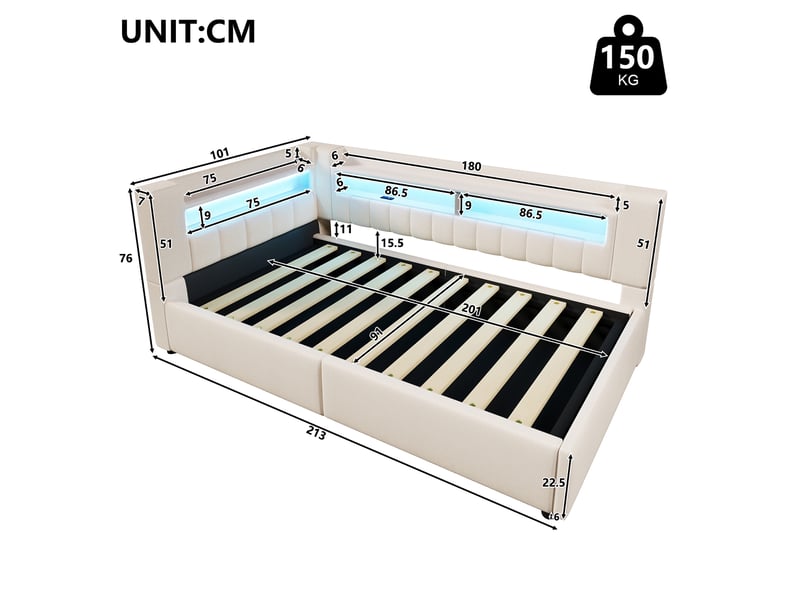 Lit coffre hydraulique 90x200 cm avec led et usb-c, tissu lin beige, structure mdf, sans matelas - Conforama C