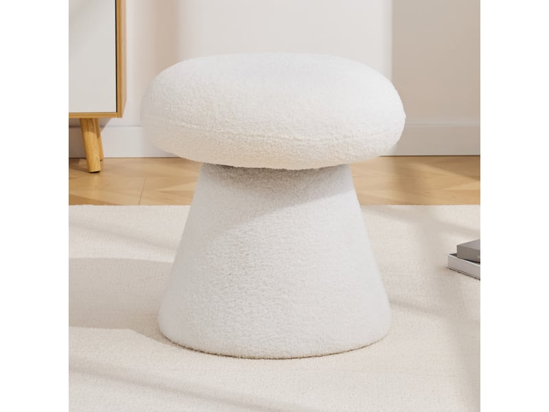  066-tabouret pivotant moderne pour salon chambre à coucher, tabouret rembourré en tissu teddy en forme de champignon créatif avec rotation à 360°, DE-DK-066 WHT - Conforama B