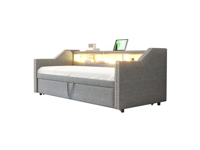  Modenvie banquette-lit gigogne 90180x190 cm - avec rangement, led et port usb, avec 2 matelas - gris  - Conforama A