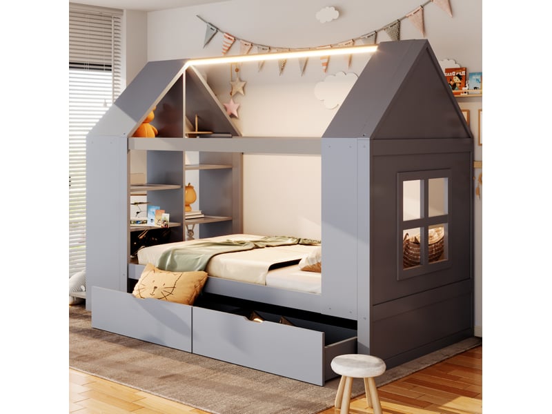  Lit cabane modenvie 90 x 200 cm avec 2 tiroirs, led, rangement, gris, bois et mdf  - Conforama E