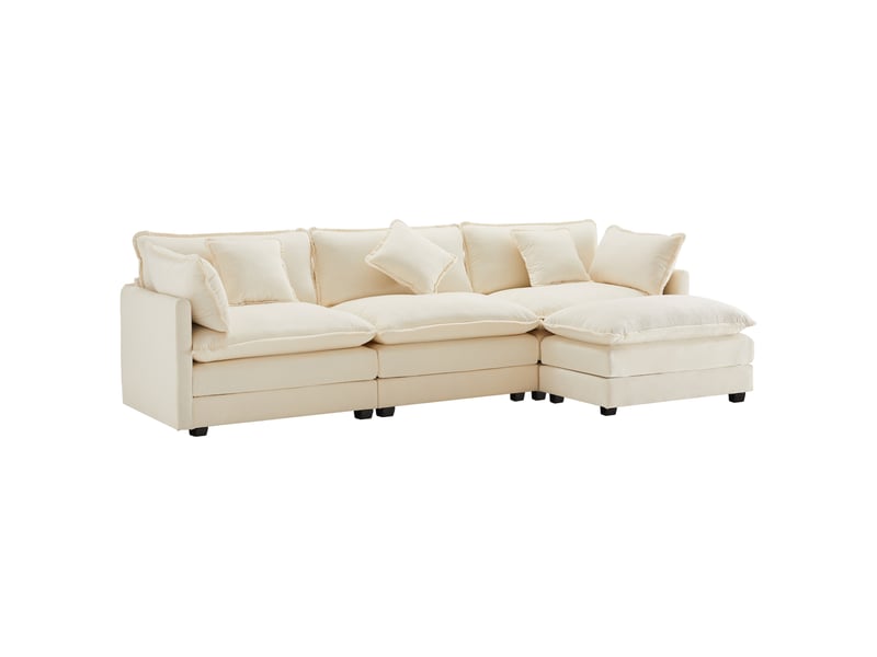  Canapé d’angle modulable en l 3 places avec méridienne, tissu chenille, assise double couche, coussins, pour salon - beige  - Conforama A