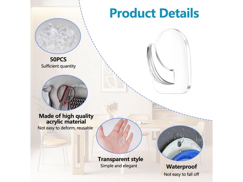  50 crochets muraux autocollants transparents, adhésifs transparents réutilisables, crochet transparent sans couture pour salle de bain  - Conforama D