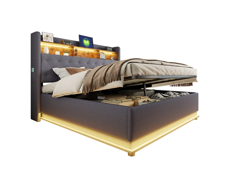  Lit coffre led 180 x 200 cm avec rangement hydraulique et usb, gris  - Conforama A