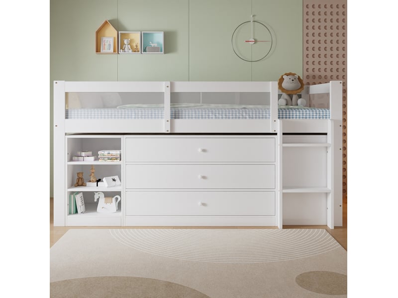  Lit enfant 90 × 200 cm mi-hauteur avec 3 tiroirs, 3 niches et étagère à 4 compartiments, protection en acrylique  - Conforama D