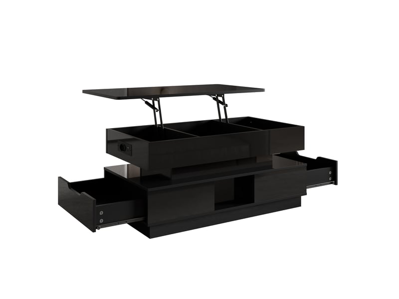  Table basse relevable avec led, rangement et prise, design moderne blanc brillant, coffre intégré  - Conforama E
