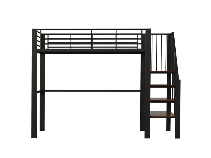  Lit mezzanine 90x200 en métal avec escalier et espace de rangement, cadre robuste pour adulte et enfant, noir  - Conforama A