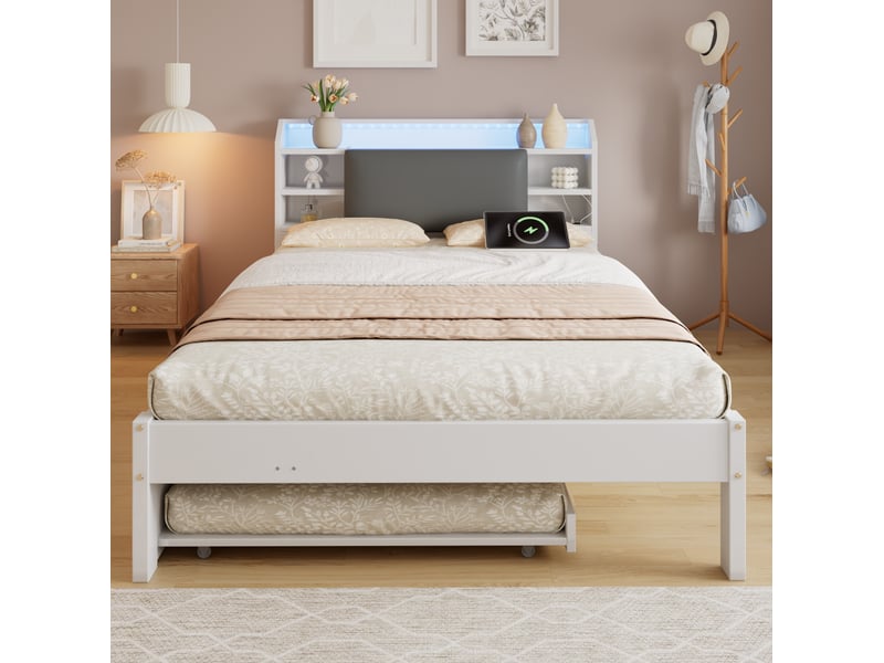  Lit jeune avec lit gigogne, 120x200 cm, led, rangement et station de charge, matelas non inclus, bois, coloris blanc  - Conforama D