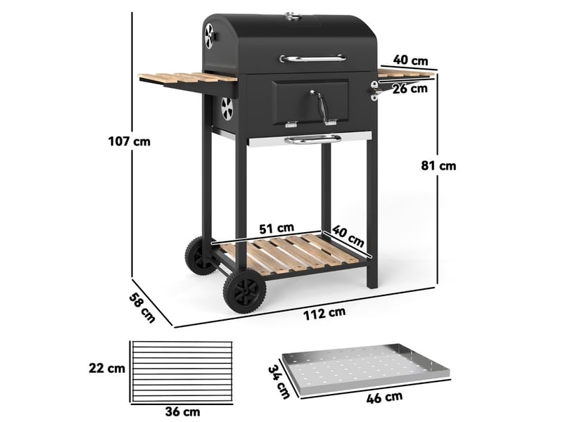  Barbecue au charbon mobile 112x58x107 cm – noir – couvercle avec thermomètre et bac réglable  - Conforama C