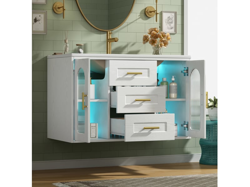  Meuble sous vasque mural led avec 2 tiroirs et 2 portes, étagères réglables, pour salle de bain, blanc, 76 × 46 × 55 cm  - Conforama B