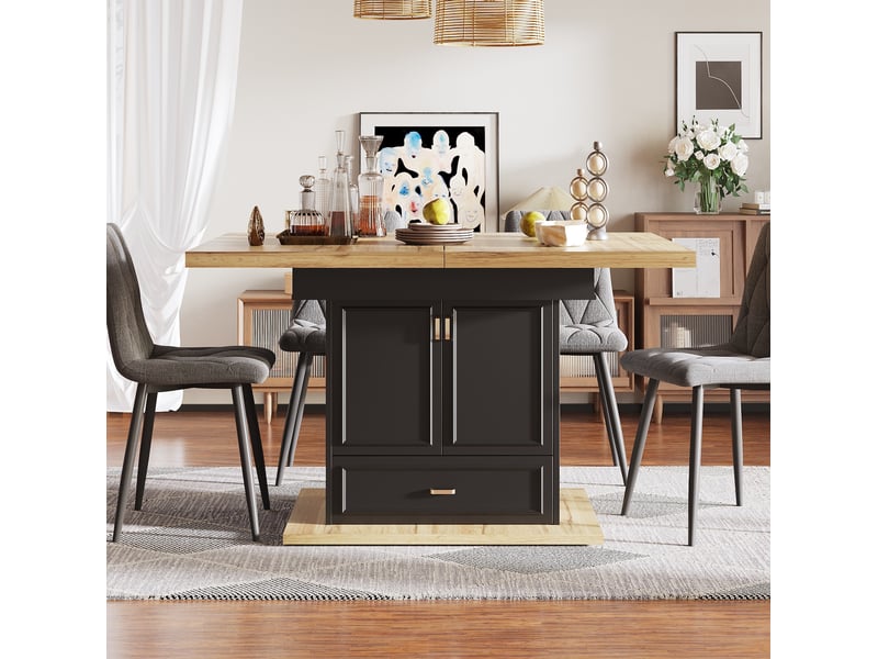  Table à manger extensible 110-140 x 80 x 75 cm rangement 2 portes tiroir plateau mdf et métal, couleur bois naturel  - Conforama R