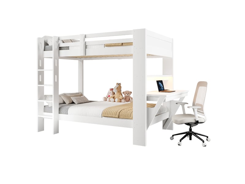  Lit superposé 90x200 cm avec bureau, prises et éclairage led, blanc  - Conforama A