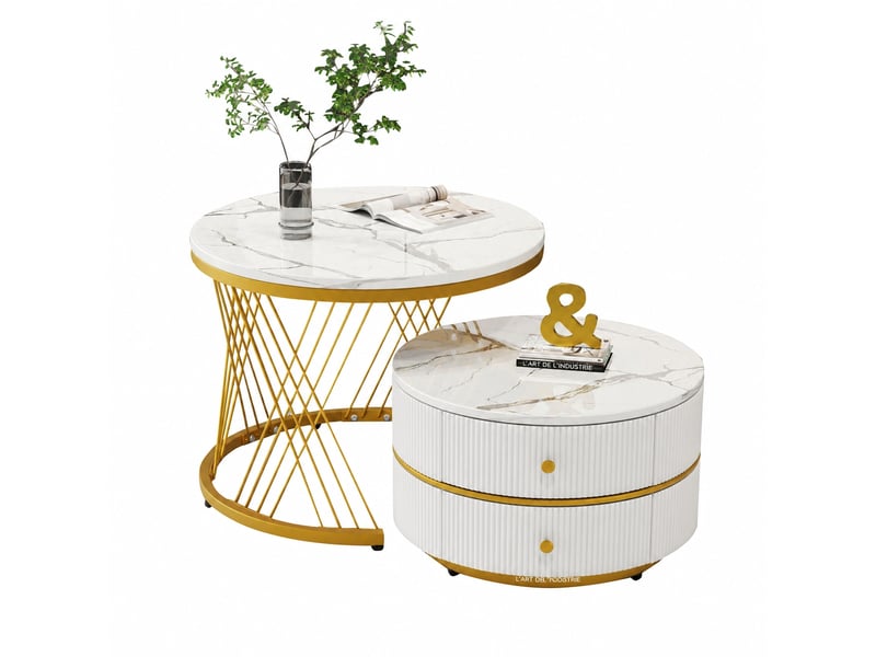  Tables basses gigognes effet marbre, 2 tables rondes avec 2 tiroirs, 60 et 50 cm, blanc  - Conforama A