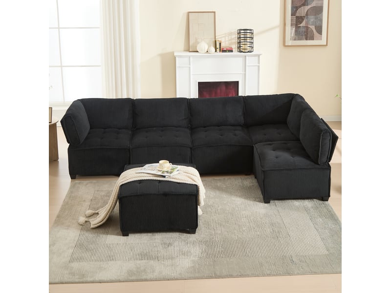  Canapé d'angle 6 pl 308x154x82cm, canapé convertible avec poches de rangement, accoudoir, velours+mousse, noir  - Conforama B