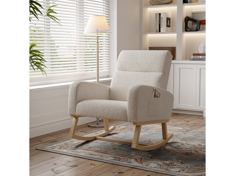  Fauteuil à bascule - 69,2 x 78,5 x 87 cm - beige - en tissu bouclette - chaise à bascule confortable avec pieds en bois  - Conforama C