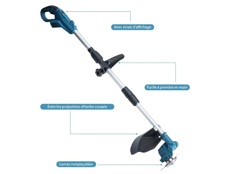 Taille-haie débroussailleuse sans fil 650w, 2 batteries 2000 mah, lames 9 (circulaire 40t et losange), écran d'affichage numérique, outil robuste et polyvalent pour jardin - Conforama B
