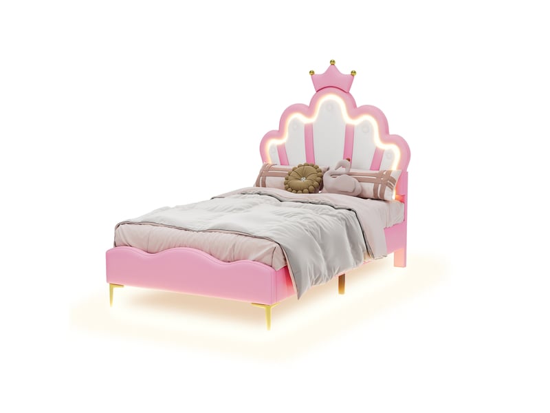 Lit enfant 90x200cm lit princesse en forme de couronne avec led - lit double avec sommier - pu - rose (sans matelas)  - Conforama B