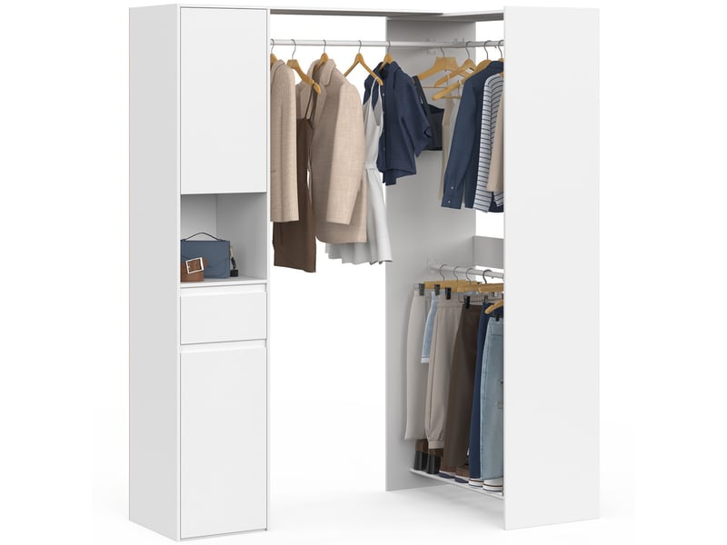 Dressing d'angle modulable l. 145 - 203 cm melman triple penderie + portes + tiroir + étagères blanc - Conforama A