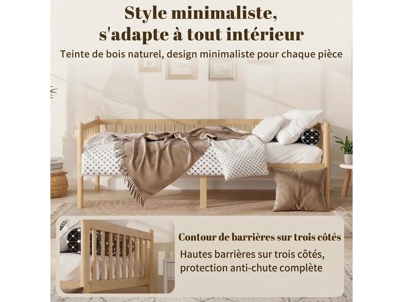 Lit banquette en pin 90x200 cm avec barrières sur 3 côtés - sommier à lattes inclus couleur bois naturel - Conforama D