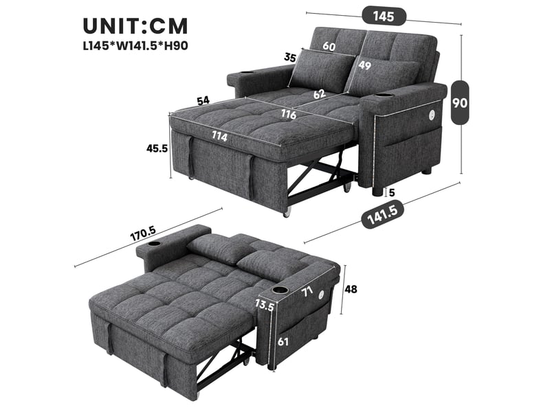  Canapé convertible 2 places modenvie avec éclairage led, ports usb et type-c, dossier réglable, tissu chenille gris, 145 x 141,5 x 90 cm  - Conforama C