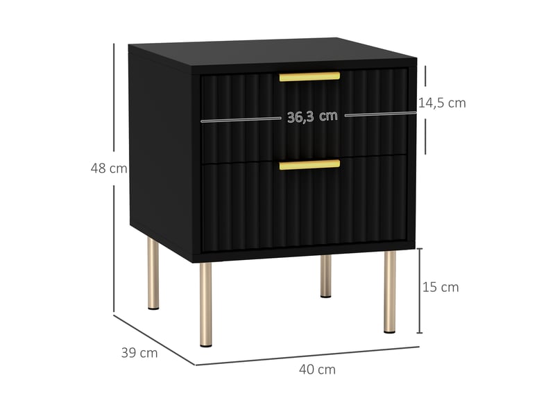  Table de chevet, table de nuit cannelée avec 2 tiroirs et pieds en acier, pour chambre à coucher, noir, salon  - Conforama C