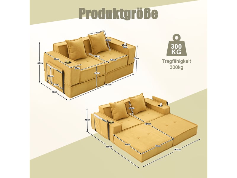  Canapé-lit double 2 places, tissu moderne, 2 coussins, pouf avec rangement, porte-gobelets, multifonctionnel  - Conforama C