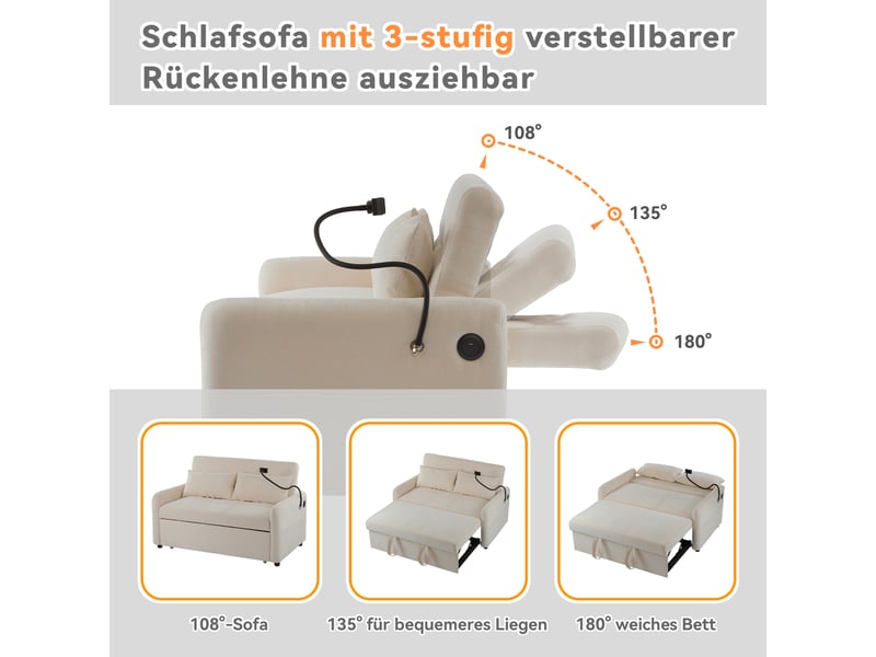  Canapé convertible 2 places en chenille avec fonction lit, dossier réglable 3 positions, support téléphone, usb et coussins inclus - beige  - Conforama D