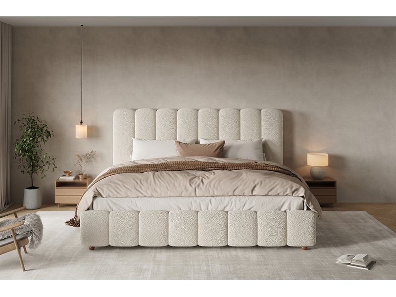  Lit coffre 200 × 200 cm, tissu bouclé, tête de lit rembourrée, sommier relevable inclus, pieds en bois massif, blanc  - Conforama B