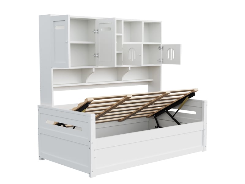 Lit coffre hydraulique 90x200 cm avec rangements, pin blanc, sans matelas - Conforama E