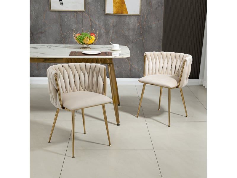  Chaise de salle à manger tcqpz lot de 2 en velours ivoire, dossier arrondi tressé, pieds métalliques dorés, 74 cm  - Conforama B