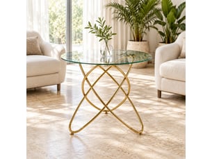 Table de salle à manger en verre avec pieds en métal doré, surface facile à nettoyer