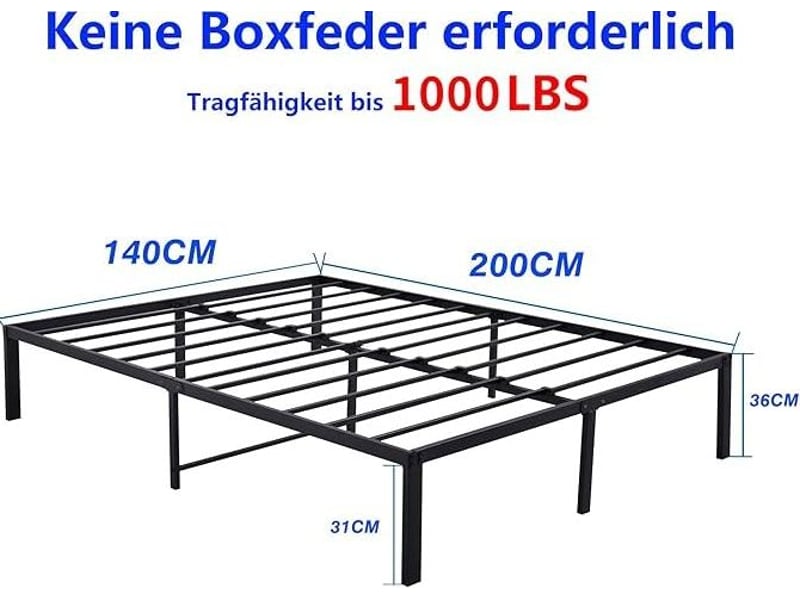  Lit double 140 × 200 cm en métal avec sommier à lattes silencieux et rangement sous le lit, chambre, noir  - Conforama C